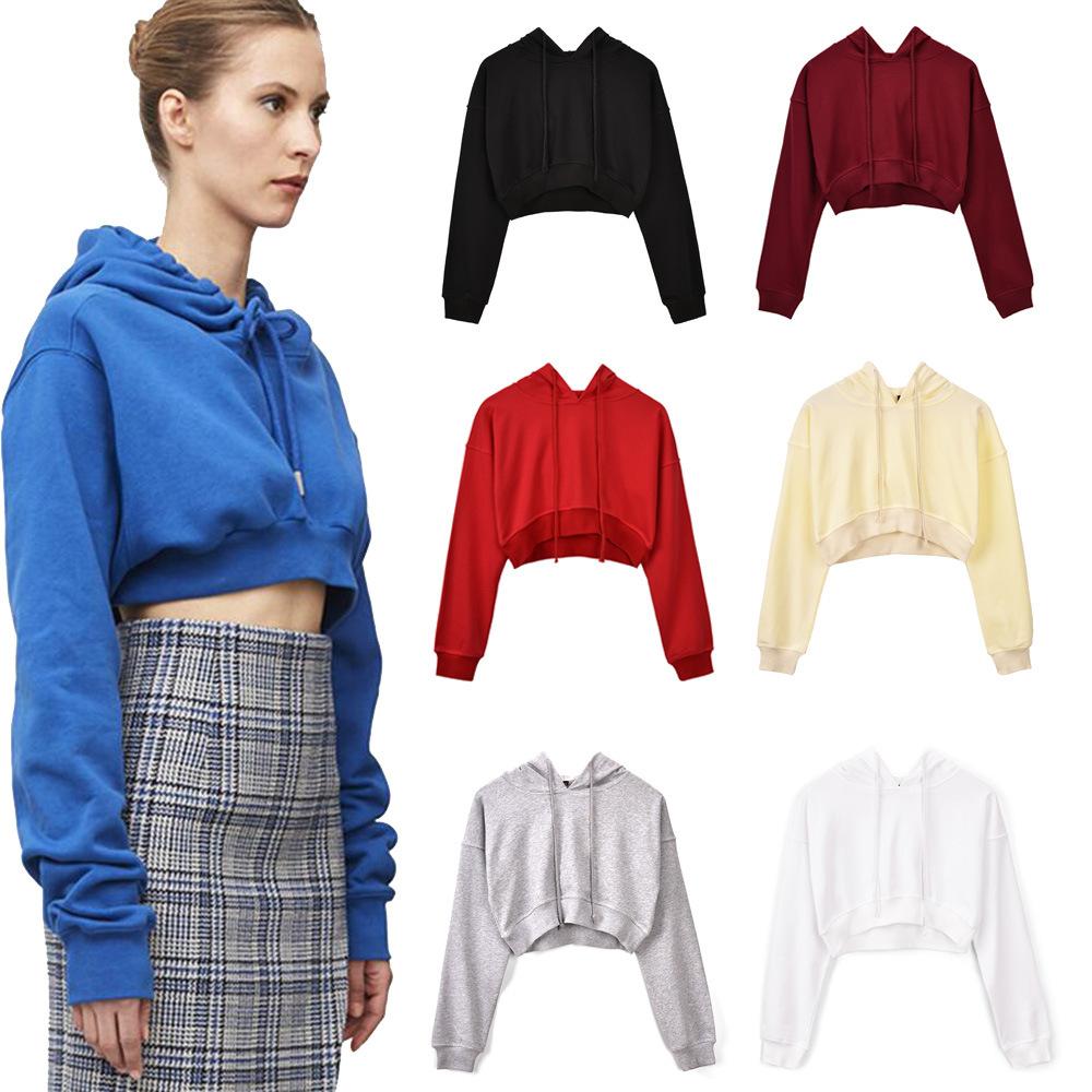 Sexy solid color leak navel short hooded clothes navel set multi-color sweater
