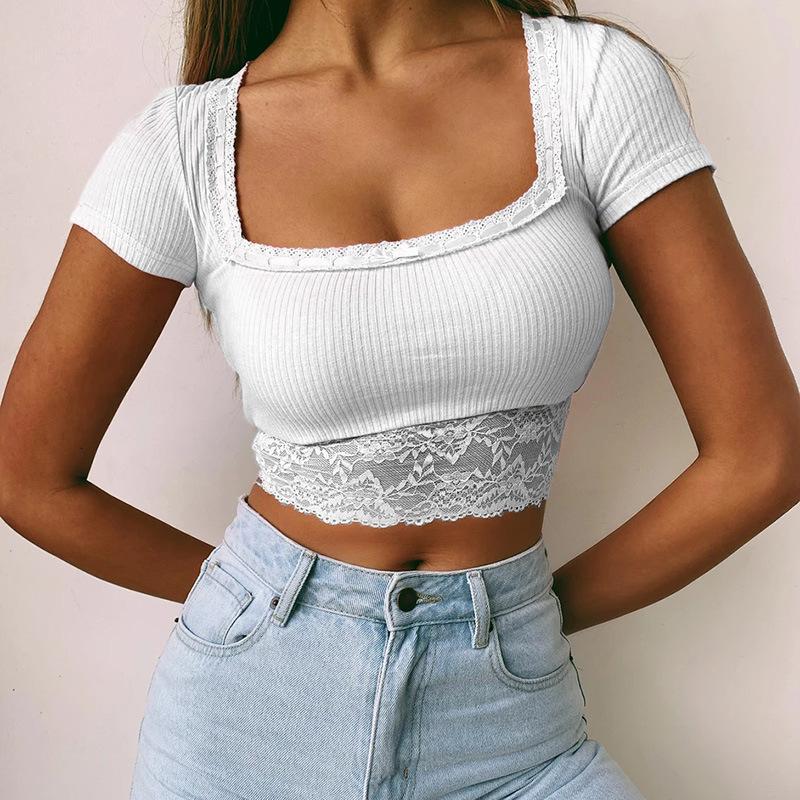 Sexy lace stitching short square collar tops