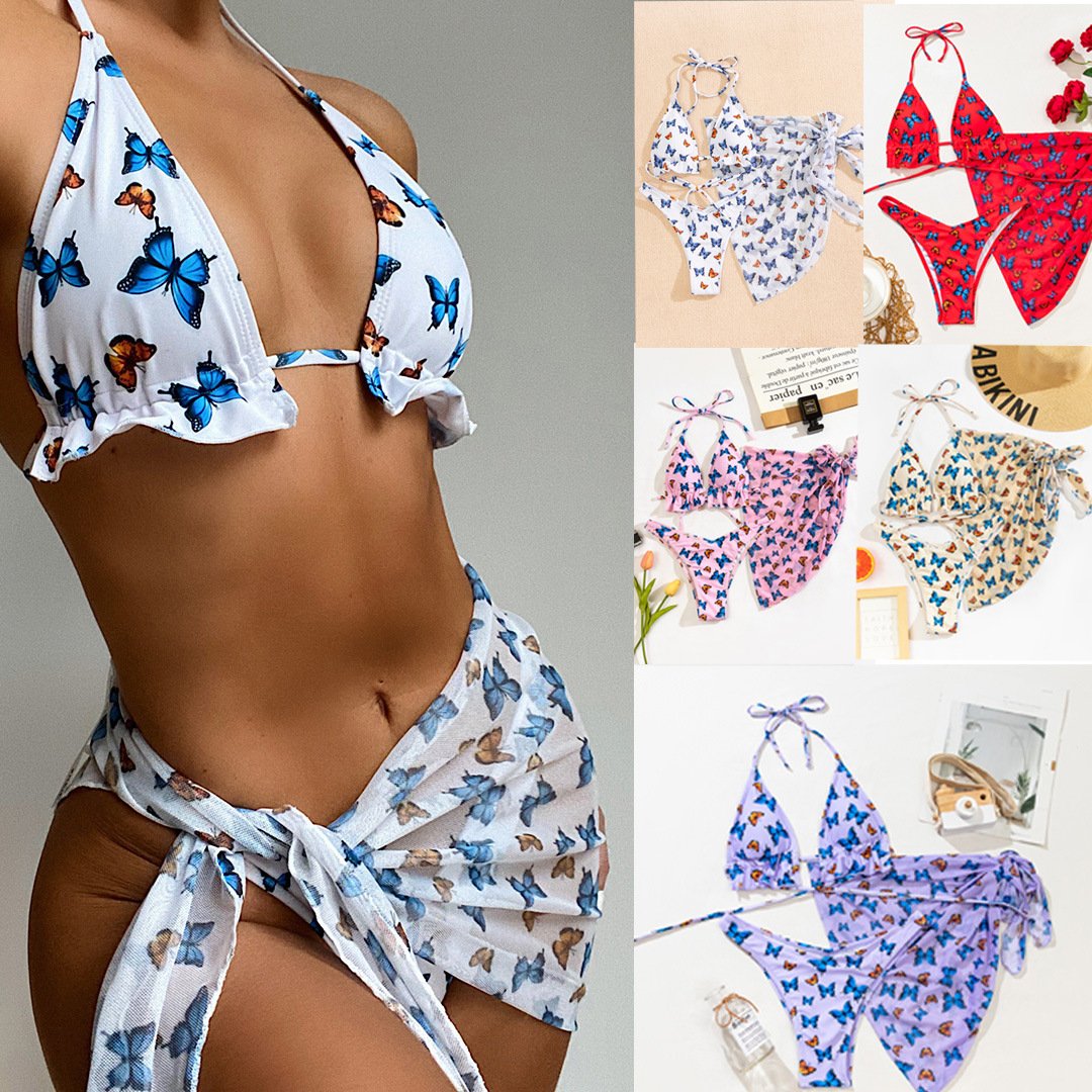 Three-piece butterfly skirt gathered sexy bikini