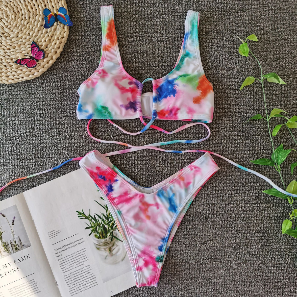 Split straps swimsuit dressing printing sexy compact