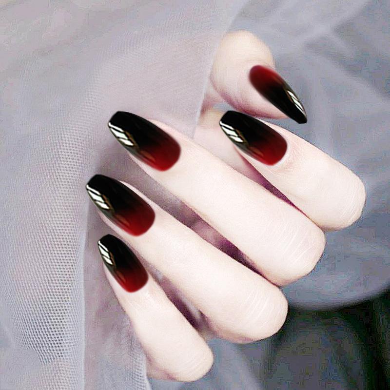 Long square black red gradient fake nails