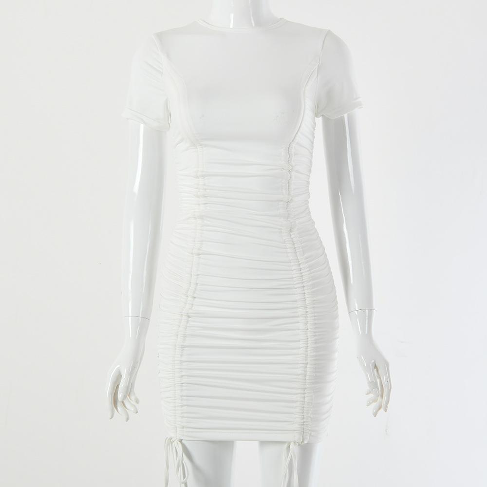 Pure color bag hip skirt sexy pleated bandage dress
