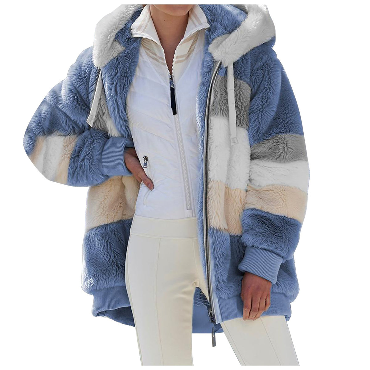 Women's loose plush multicolor hooded jacket