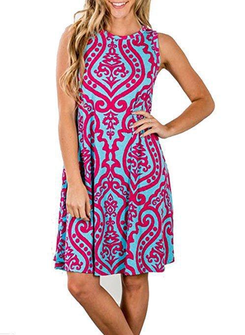 Sleeveless print pocket big round neck vest dress