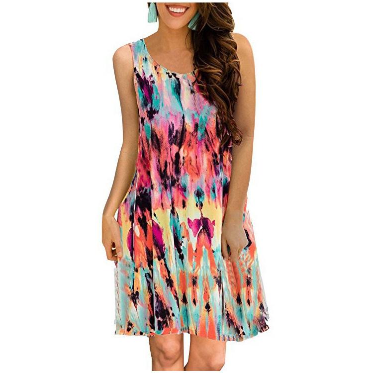 Sleeveless print pocket big round neck vest dress