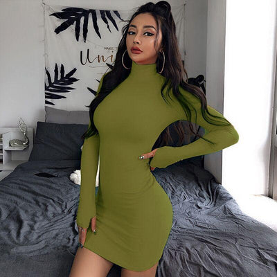 Long-sleeved skirt high-neck temperament solid color dress