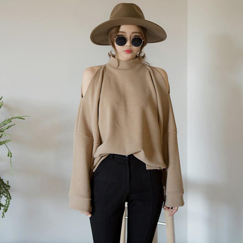 Half-high collar pure-colored shoulder bat sleeve fork long sleeve sweater