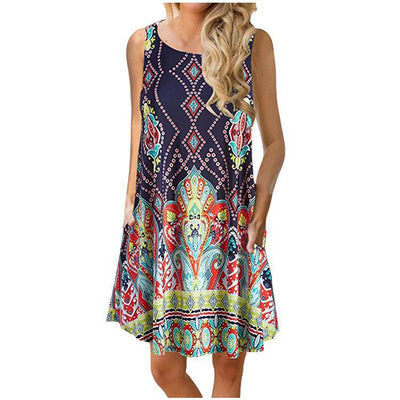 Sleeveless print pocket big round neck vest dress