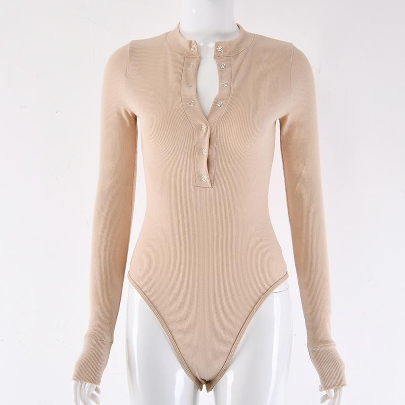 Single-breasted pit strip long-sleeved stretch jumpsuit