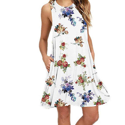 Sleeveless print pocket big round neck vest dress