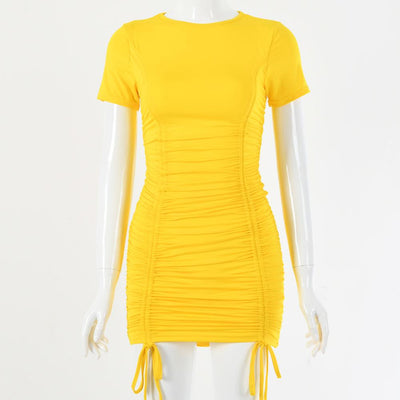 Pure color bag hip skirt sexy pleated bandage dress