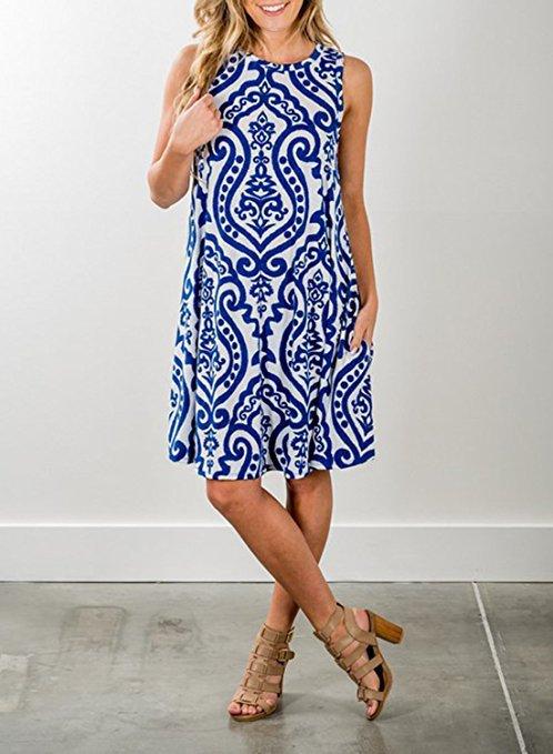 Sleeveless print pocket big round neck vest dress