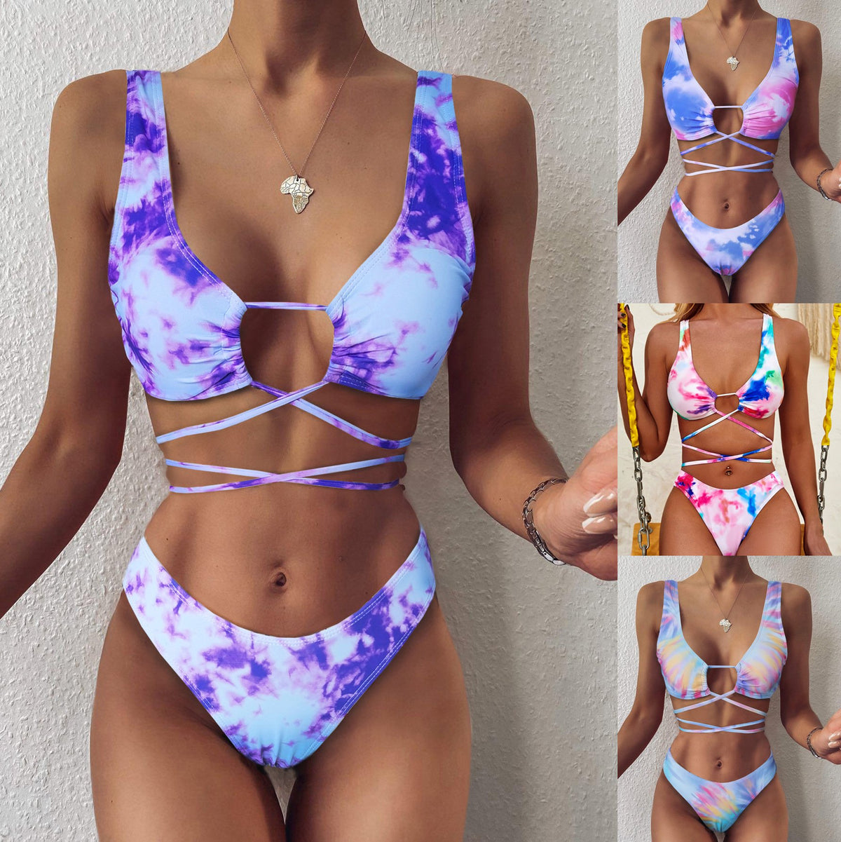 Split straps swimsuit dressing printing sexy compact