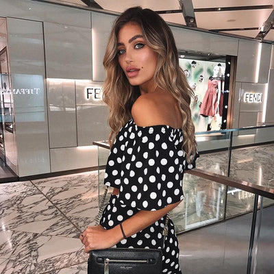 One-line neck sexy strapless cropped polka dot top