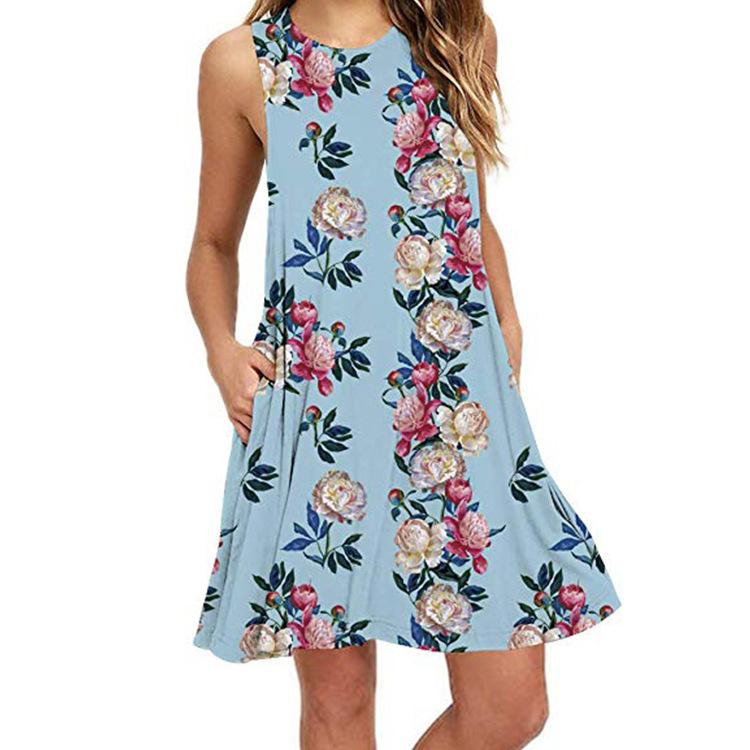 Sleeveless print pocket big round neck vest dress