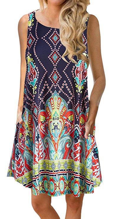 Sleeveless print pocket big round neck vest dress