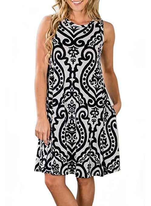 Sleeveless print pocket big round neck vest dress