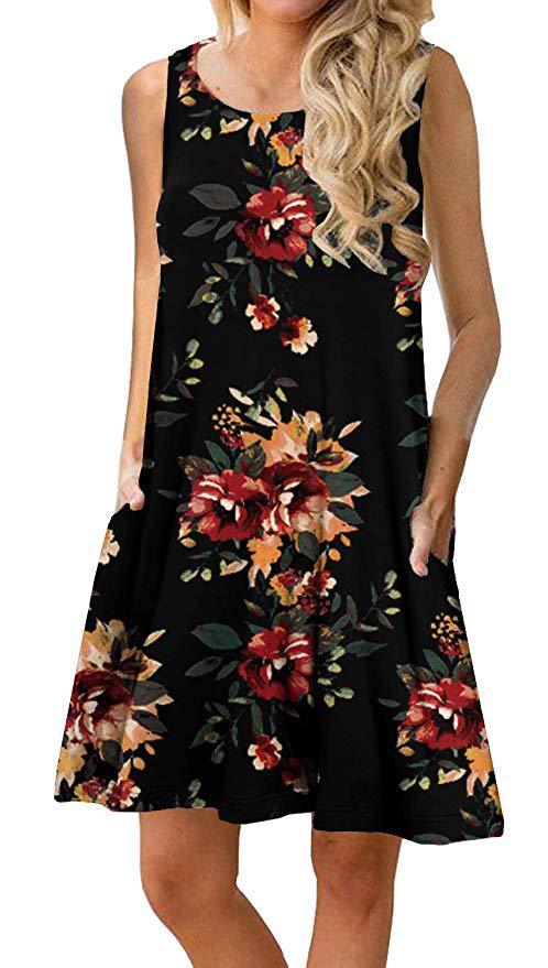 Sleeveless print pocket big round neck vest dress