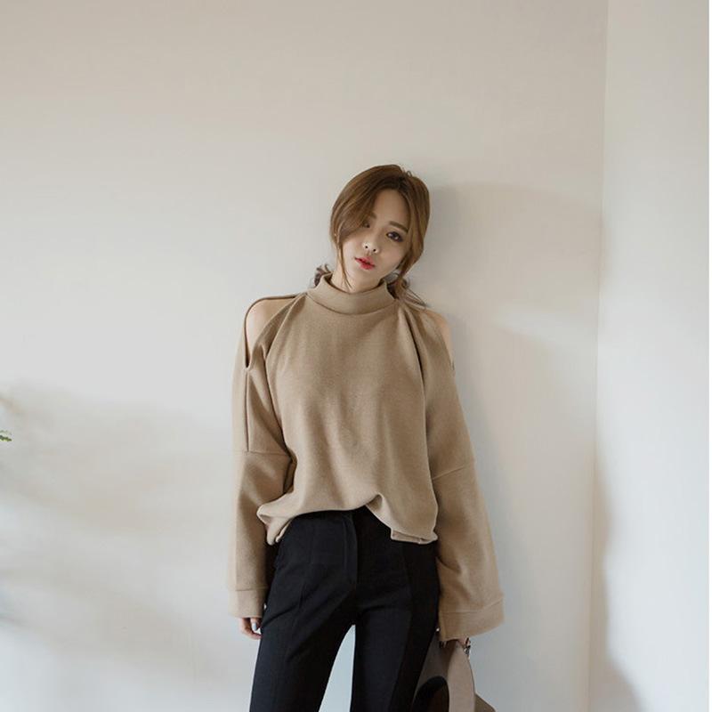 Half-high collar pure-colored shoulder bat sleeve fork long sleeve sweater