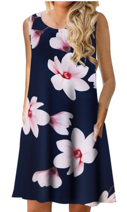 Sleeveless print pocket big round neck vest dress