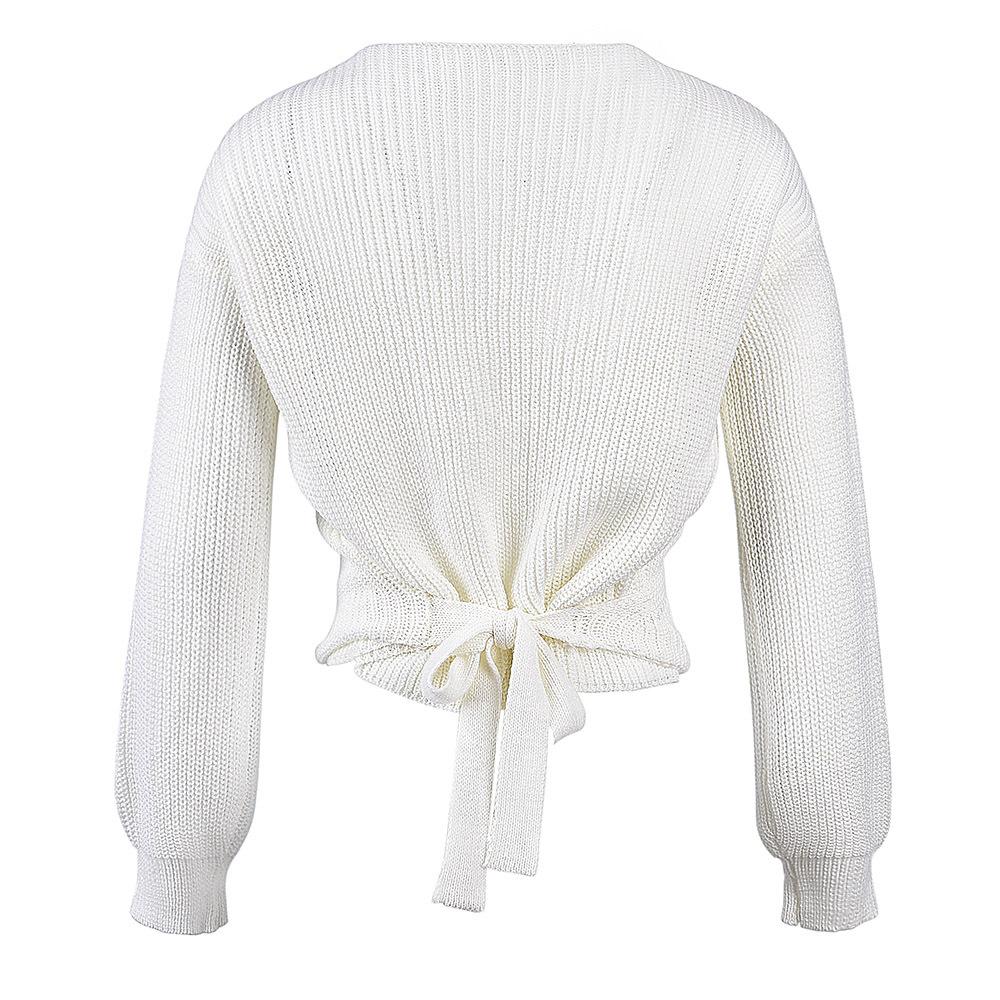 Sexy deep V cropped short sweater, cross tie lantern sleeve knit top