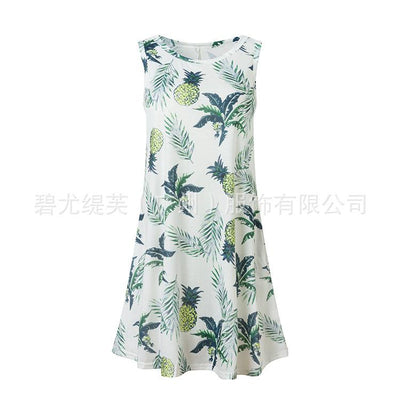 Sleeveless print pocket big round neck vest dress