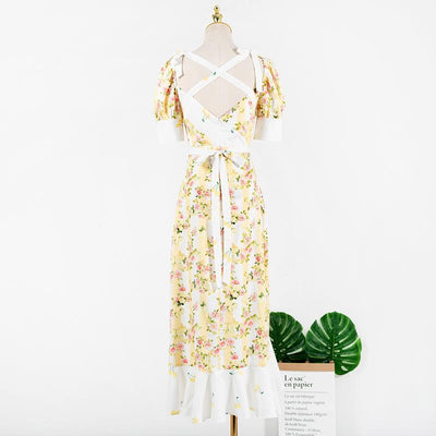 French bubble sleeve printed lotus dress