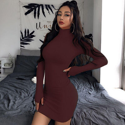 Long-sleeved skirt high-neck temperament solid color dress