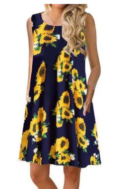 Sleeveless print pocket big round neck vest dress