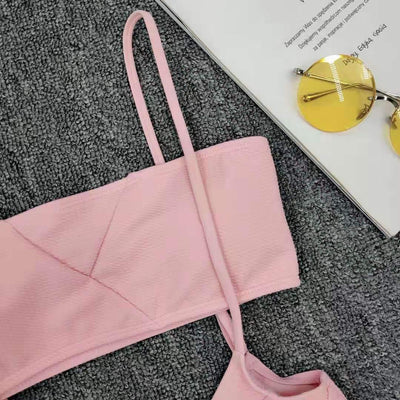 Pink strap splicing bikini high waist sensitive swimsuit