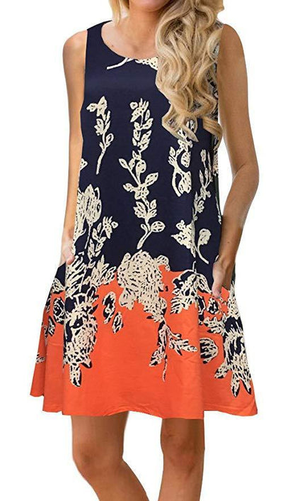 Sleeveless print pocket big round neck vest dress