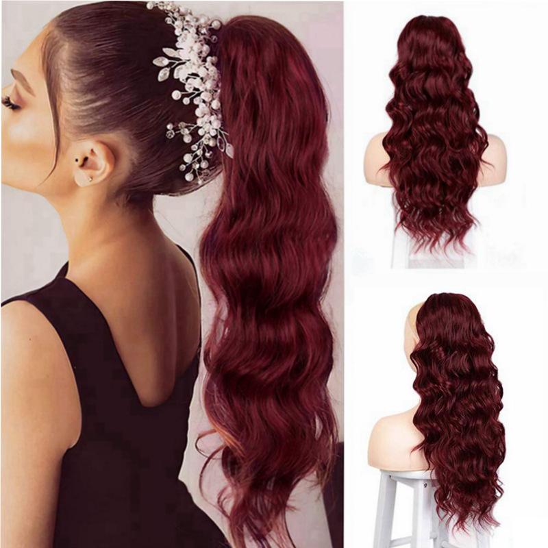 Burgundy wig, stretch mesh, chemical fiber ponytail