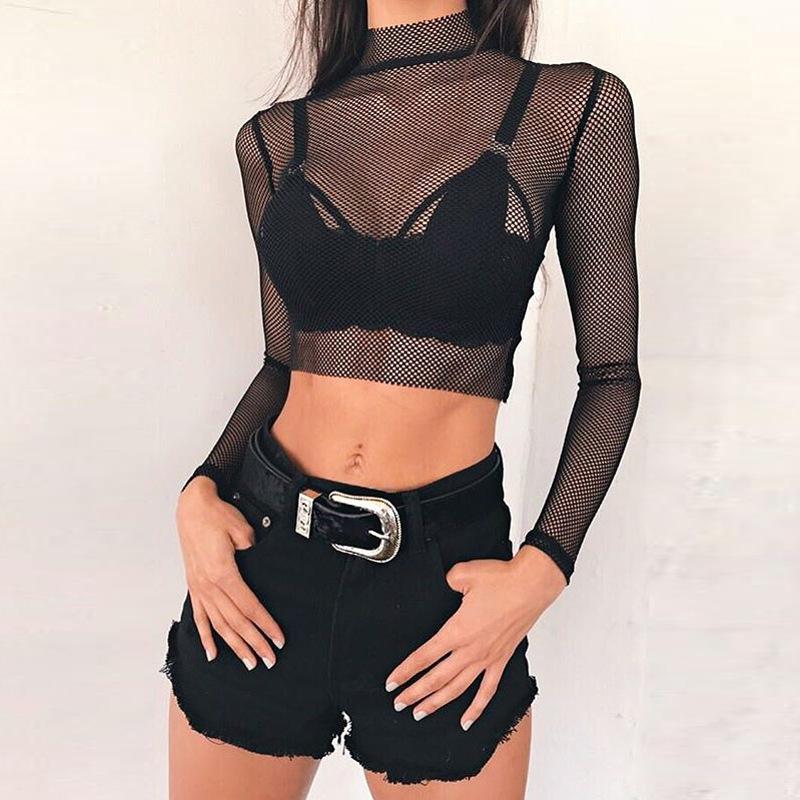 Sexy hollow see-through mesh stand collar long sleeve T-shirt