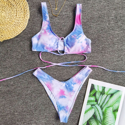 Split straps swimsuit dressing printing sexy compact