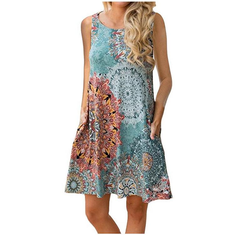 Sleeveless print pocket big round neck vest dress