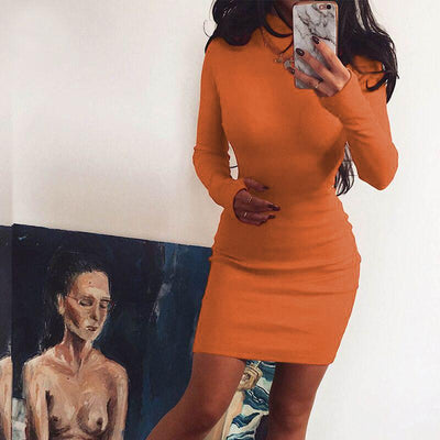 Long-sleeved skirt high-neck temperament solid color dress