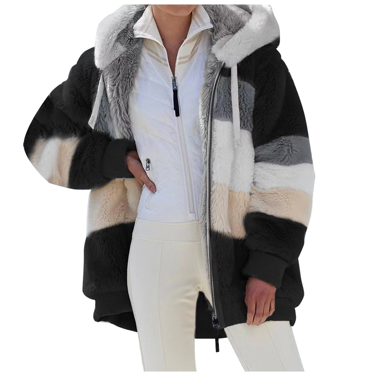 Women's loose plush multicolor hooded jacket