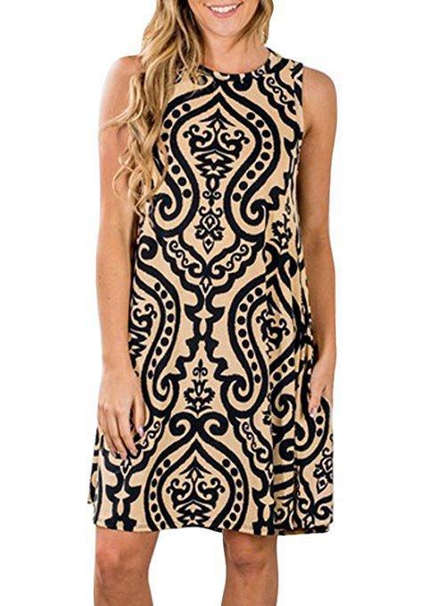 Sleeveless print pocket big round neck vest dress