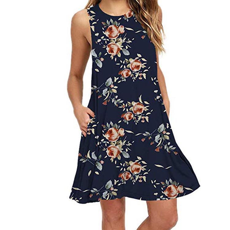 Sleeveless print pocket big round neck vest dress