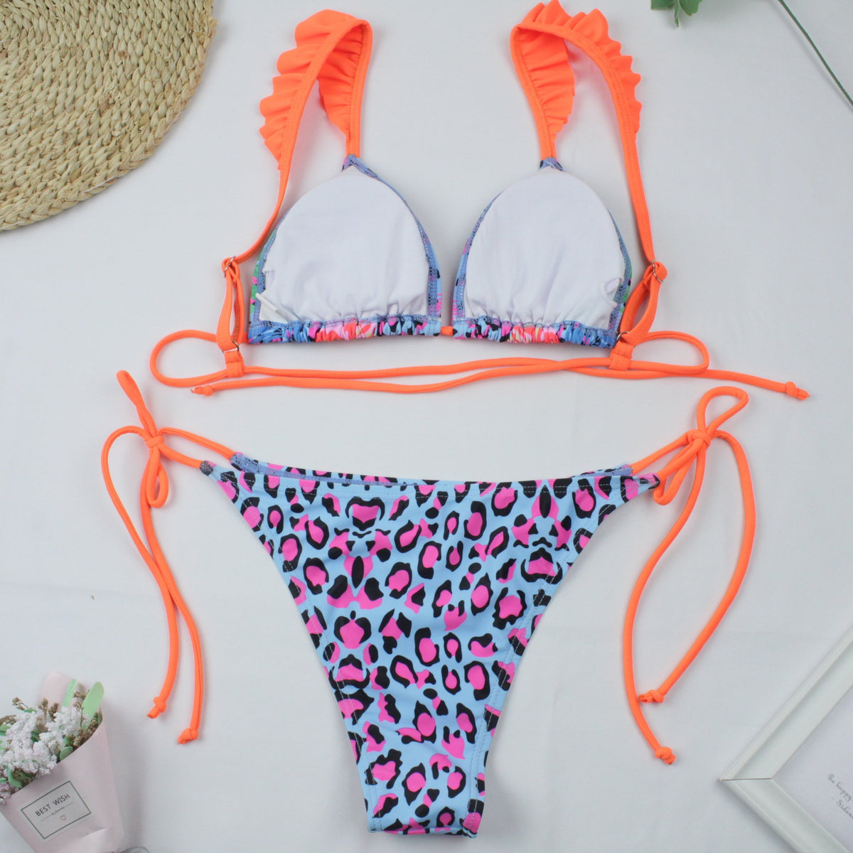 Bikini contrast ruffled strappy swimsuit