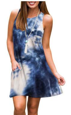 Sleeveless print pocket big round neck vest dress