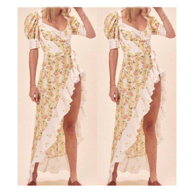 French bubble sleeve printed lotus dress