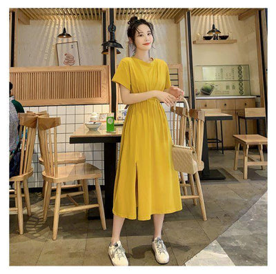 Waist thin temperament long section on short sleeve long skirt