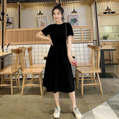 Waist thin temperament long section on short sleeve long skirt