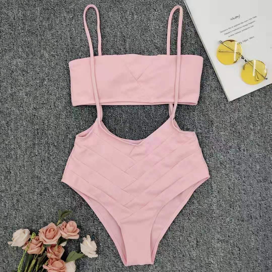 Pink strap splicing bikini high waist sensitive swimsuit