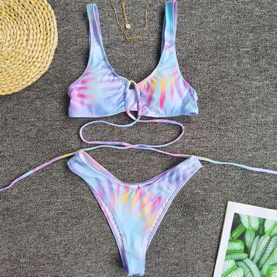 Split straps swimsuit dressing printing sexy compact