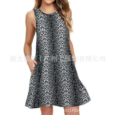 Sleeveless print pocket big round neck vest dress