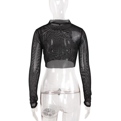 Sexy hollow see-through mesh stand collar long sleeve T-shirt