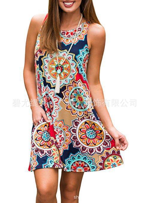 Sleeveless print pocket big round neck vest dress