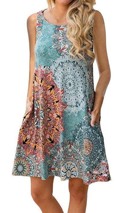 Sleeveless print pocket big round neck vest dress